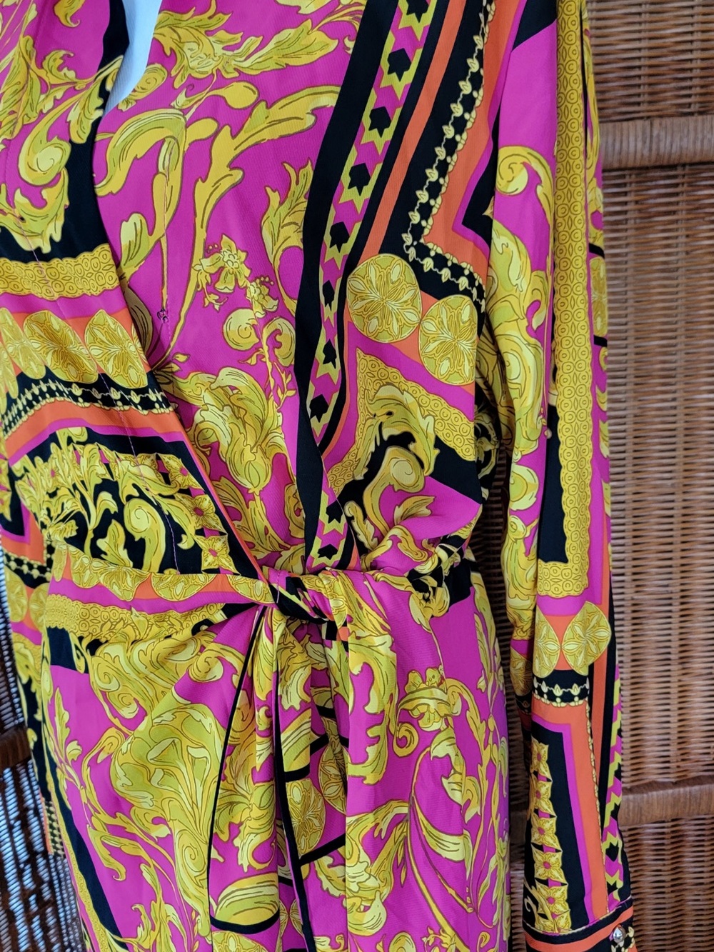 EUC Long Sleeve Pink & Gold Print Tie-Waist Dress - Picture 4 of 13